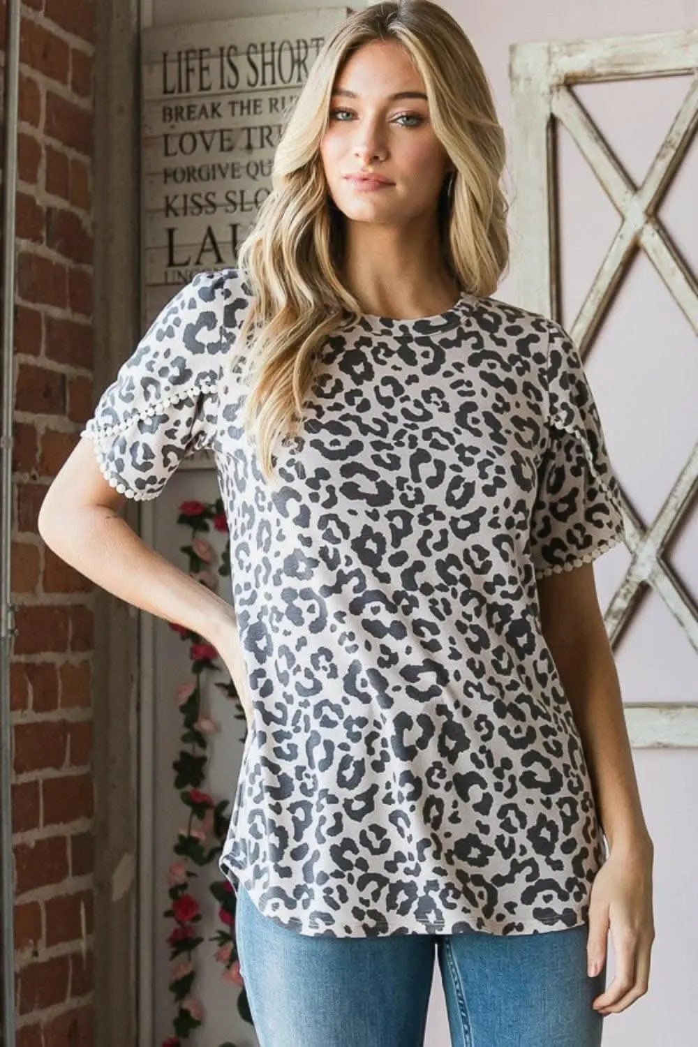 Leopard Print Round Neck Petal Sleeve T-Shirt - Love Salve